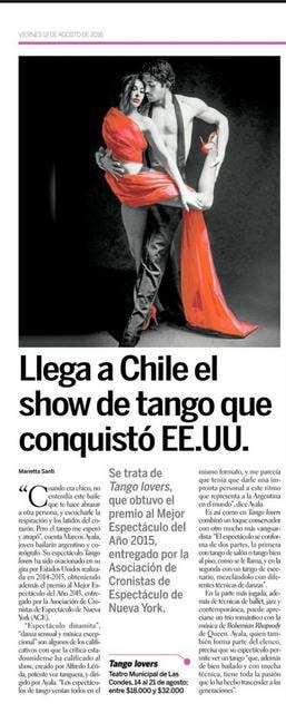 Chilean newspaper: Llega a Chile el show de tango que conquistó EE.UU. — Teatro Municipal Las Condes, August 2016